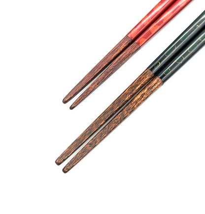 Tsugaru-Nuri Square Tapered Pair Chopsticks Green＆ Red-Orange(Engravable)