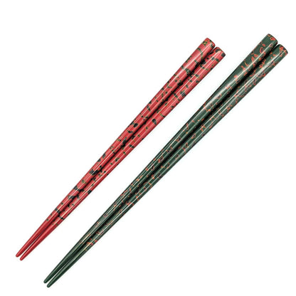 Tsugaru Lacquer Pair Chopsticks - Karu-nuri(Green＆Red) no anti-slip grip on the chopstick tips(Engravable)
